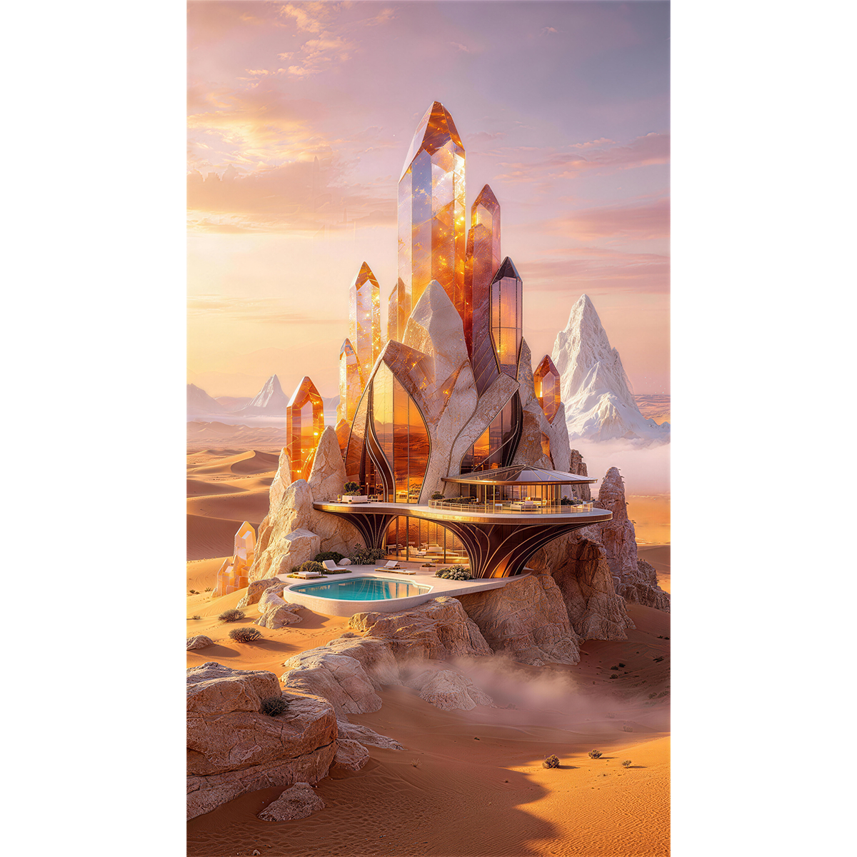 Desert Amber Crystal Peak Palace - Luminous 4mm Acrylic Wall Art (Vertical Edition)