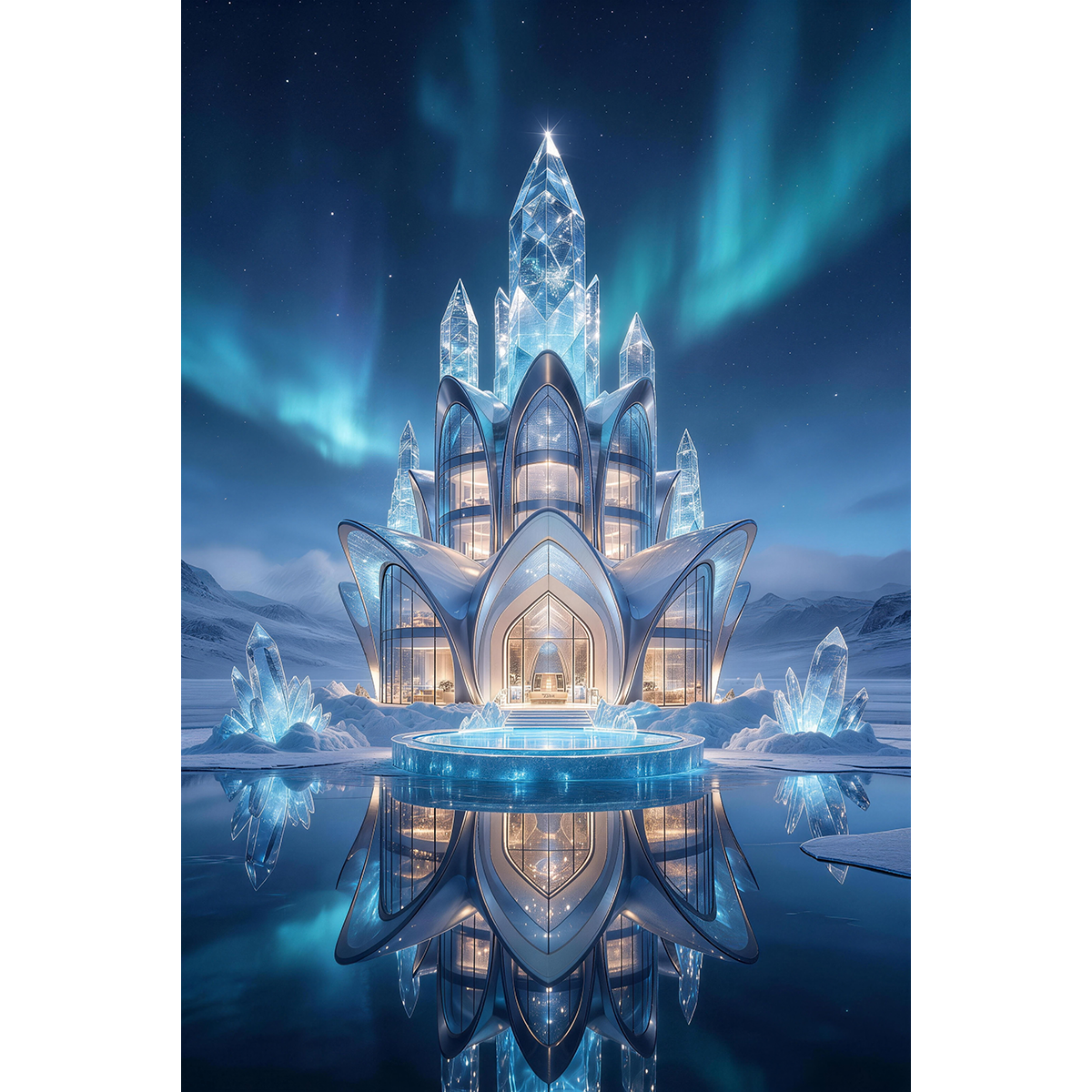 Aurora Ice Blue Crystal Tower - Luminous 4mm Acrylic Wall Art (Vertical Edition)