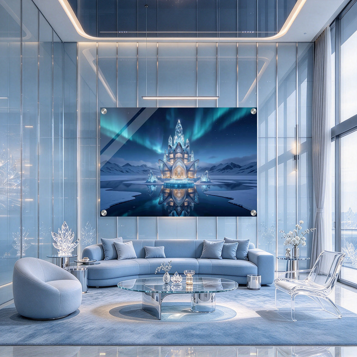 Aurora Ice Blue Crystal Tower - Luminous 4mm Acrylic Wall Art (Vertical Edition)