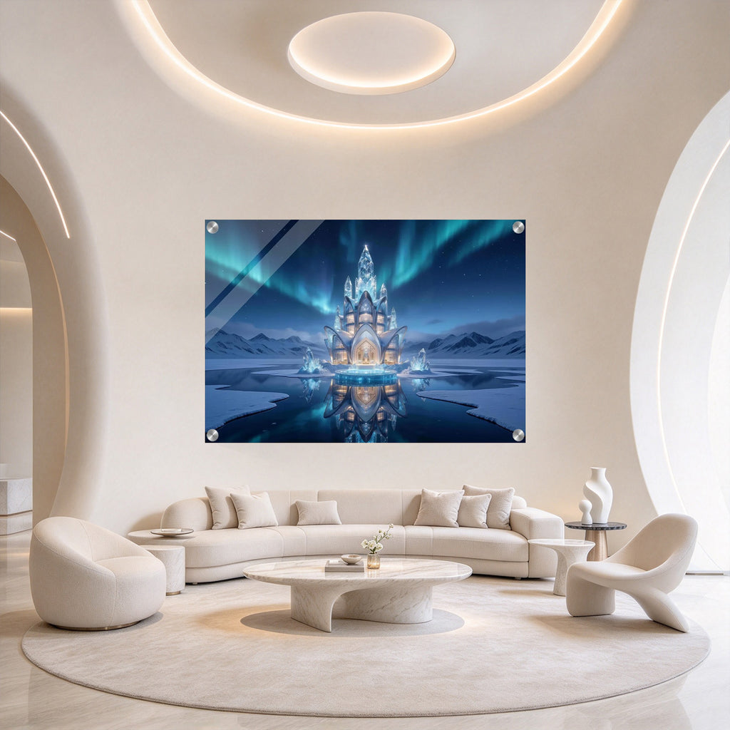 Aurora Ice Blue Crystal Tower - Luminous 4mm Acrylic Wall Art (Vertical Edition)