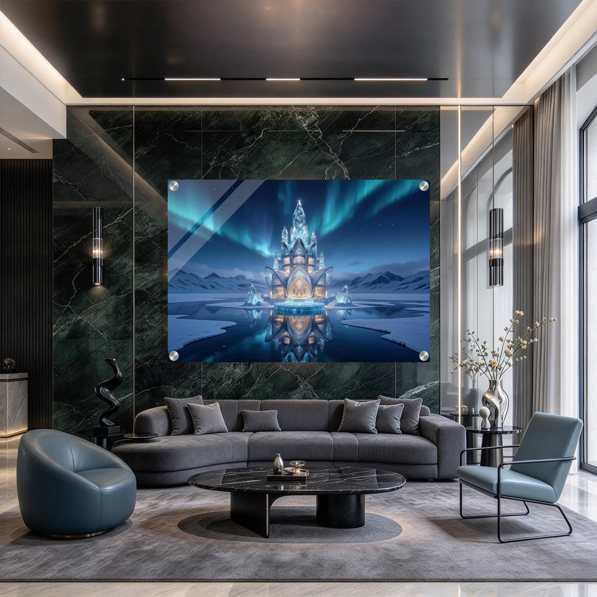 Aurora Ice Blue Crystal Tower - Luminous 4mm Acrylic Wall Art (Vertical Edition)