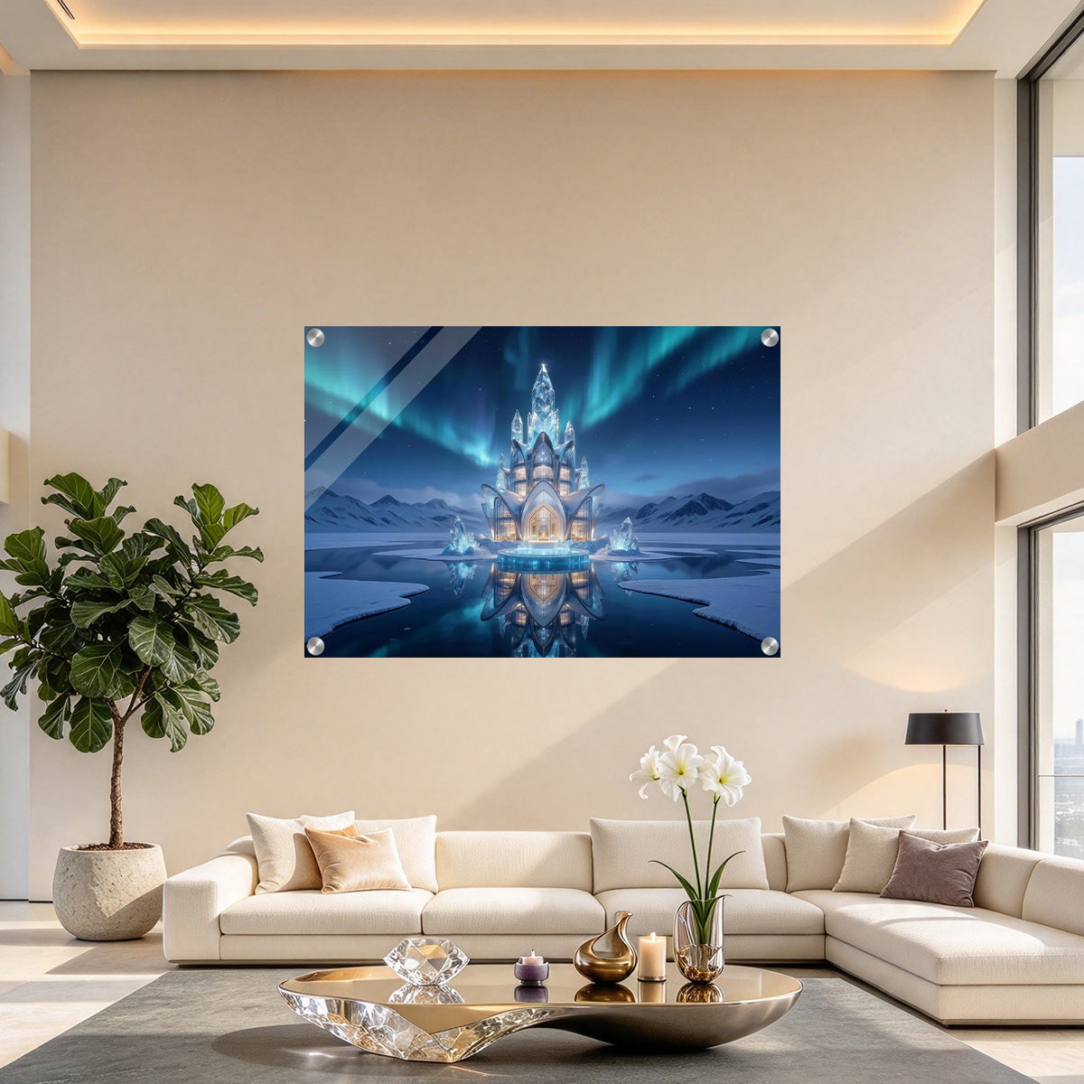 Aurora Ice Blue Crystal Tower - Luminous 4mm Acrylic Wall Art (Vertical Edition)