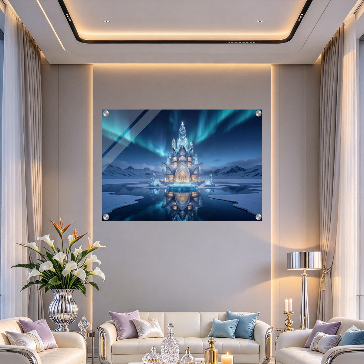 Aurora Ice Blue Crystal Tower - Luminous 4mm Acrylic Wall Art (Vertical Edition)